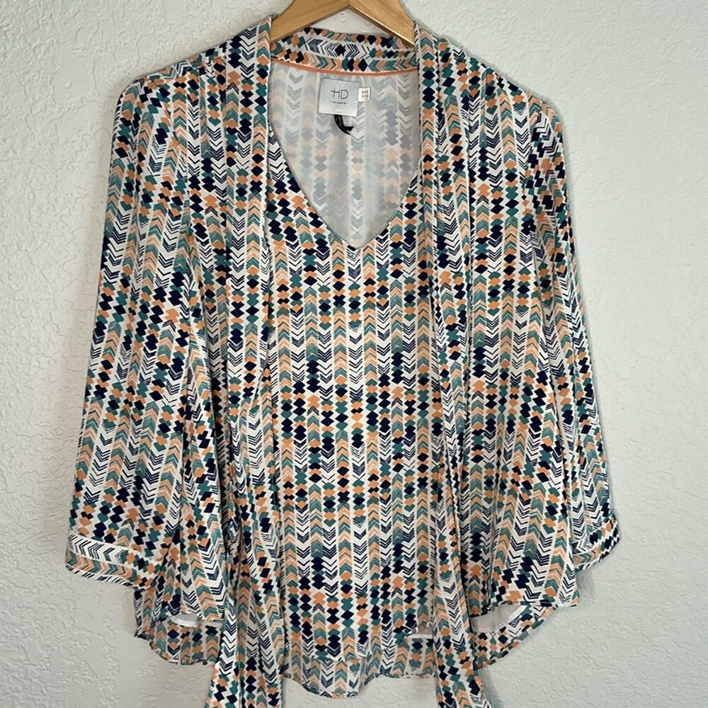 Anthropologie HD in Paris Career Blouse V Neck Tie Silky School Geo Office